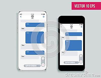 Mobile ui kit messenger. Chat app template. Modern realistic white and black smartphone. Social network concept. Vector Illustration