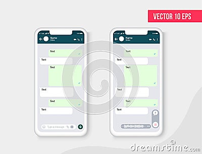Mobile ui kit messenger. Mobile Phone. Chat app template. Modern realistic white and black smartphone. Vector Illustration