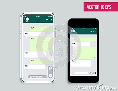 Mobile ui kit messenger. Mobile Phone. Chat app template. Modern realistic white and black smartphone. Social network concept. Vector Illustration