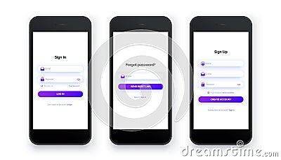 Mobile UI kit pack. Sign up form, sign in page. Vector Illustration