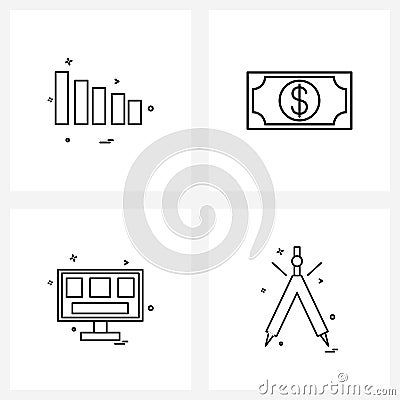 Mobile UI Line Icon Set of 4 Modern Pictograms of graph, computer, signals, currency, compass Vector Illustration