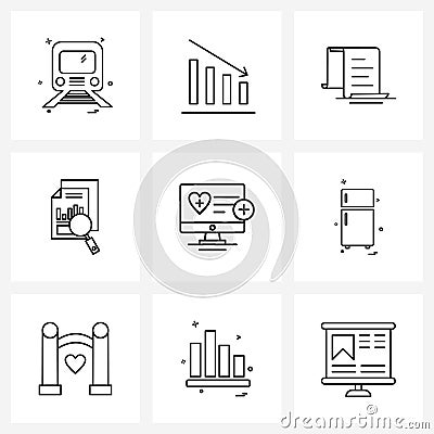 Mobile UI Line Icon Set of 9 Modern Pictograms of monitor, file, file, document, graph Vector Illustration
