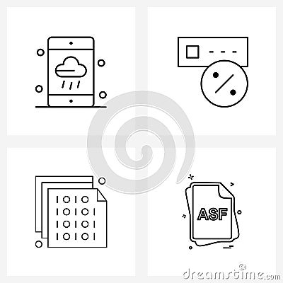 Mobile UI Line Icon Set of 4 Modern Pictograms of phone; binary code; weather; server; file Vector Illustration