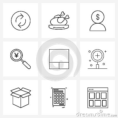 Mobile UI Line Icon Set of 9 Modern Pictograms of stacked, grid, businessman, magnifying glass, money Vector Illustration