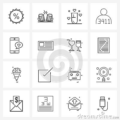 Mobile UI Line Icon Set of 16 Modern Pictograms of mobile, state, party, prisoner, valentine Vector Illustration