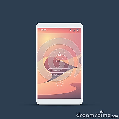 Mobile user interface login screen. Smartphone icons for account and password with natural desert dunes landscape vector Vector Illustration