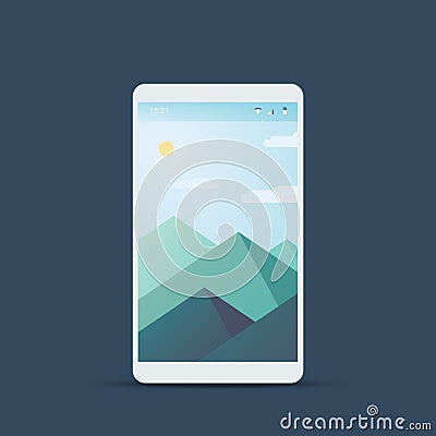 Mobile user interface screen with material design background. Mountains landscape backdrop and summer weather. Vector Illustration