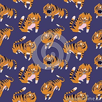 Vector seamless pattern with cute tigers on the dark violet background. Circus animal show. Fashionable fabric design Vector Illustration