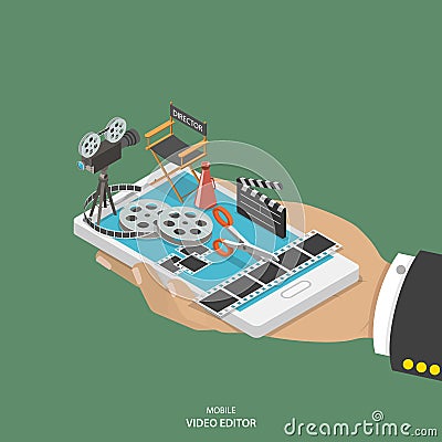 Mobile video editor flat isometric vector concept. Vector Illustration