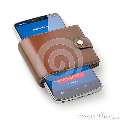 Mobile wallet concept. Smartphone for payment in lether purse Cartoon Illustration