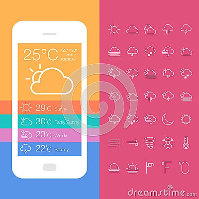 Mobile Weather Application Screen with icon set Vector Illustration