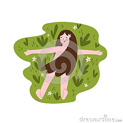 The young girl lies on a grass. Relax concept. Cute design for poster or t-shirt print. Vector Vector Illustration