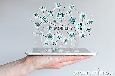 Mobility concept. Male hand holding modern smart phone or tablet with illustration Cartoon Illustration