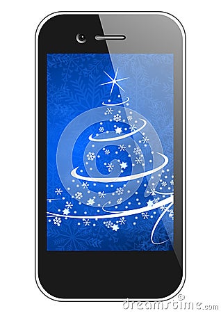 Moblie phone with christmas tree Cartoon Illustration