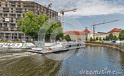 Westhafen canal and touristic ship in Berlin, Germany. Editorial Stock Photo