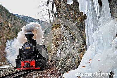 Mocanita Steam Train passing on the forestry railway with Cold winter ice Editorial Stock Photo