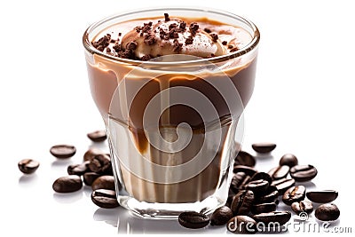 Mocha: Made with one shot of espresso, steamed milk, and chocolate syrup. high resolution, Isolated on White Background. Stock Photo