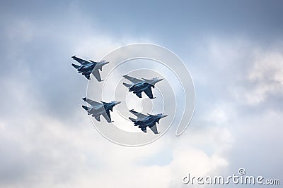 Mochishche airfield, local air show, Aerobatic team VKS `Russian Falcons` Su-30 SM, four russian fighter aircrafts in the sky Editorial Stock Photo