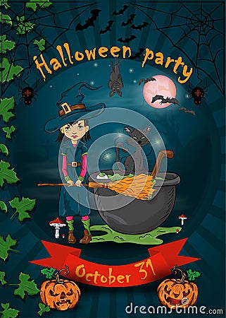 Mock posters for all saints eve, Halloween, little witch with broom standing next to the potion cauldron in the cemetery, vector Vector Illustration