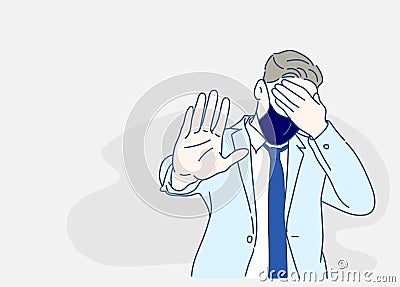 Businessman wearing a medical mask, he is covering eyes with hands and doing stop gesture. Vector Illustration