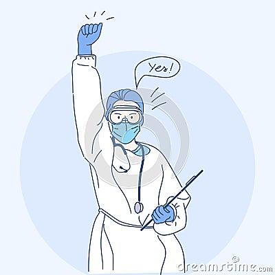 Doctors wear protective clothing raised her fist with confidence. Virus protection concept idea. Hand drawn in thin line style, ve Vector Illustration