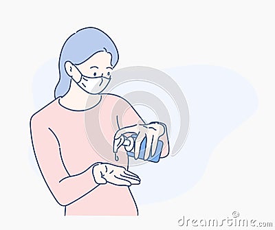 Woman washes her hands with sanitizer alcohol gel. Infection control concept. Vector Illustration