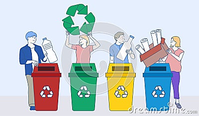 Group of people holding recycling icons, plastic bottle, paper and glass bottle. Sustainability concept. Vector Illustration