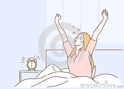 Woman wake up in the morning on white bed and stretching. Vector Illustration