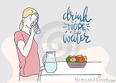 Young woman drinking water from glass. Drink more Water. Lifestyle and healthcare concept Vector Illustration