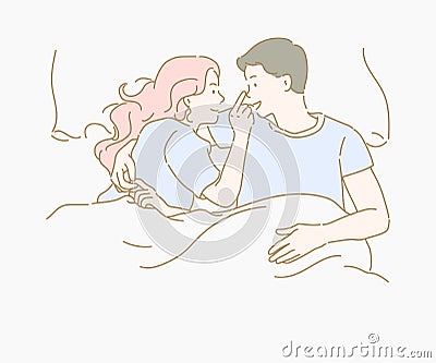 Young happy couple lying together in bed. Hand drawn in thin line style Vector Illustration