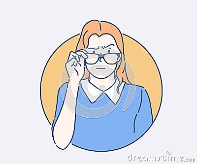 Skeptical jealous woman looking at something. Young woman wearing elegant black eyeglasses. Hand drawn in thin line style Vector Illustration