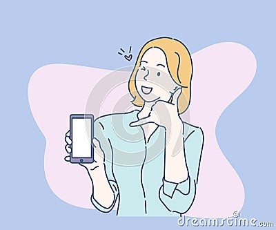 Call me. Girl is holding mobile phone and showing call me sign hands gesture. Vector Illustration