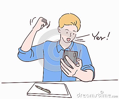 Young businessman looks at smart phone screen reading message. Vector Illustration