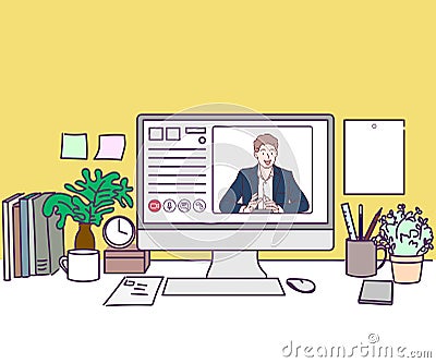 Video conference screen. Video conferencing and online meeting workspace, stay and work from home. Vector Illustration