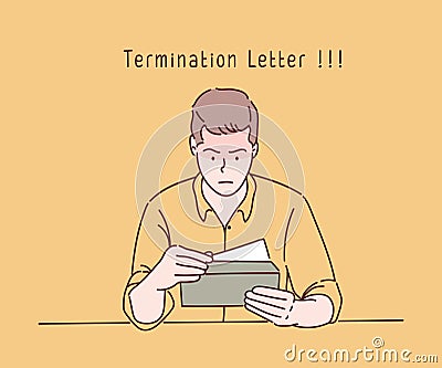 Businessman opening the fired document in letter envelope, termination letter. Vector Illustration