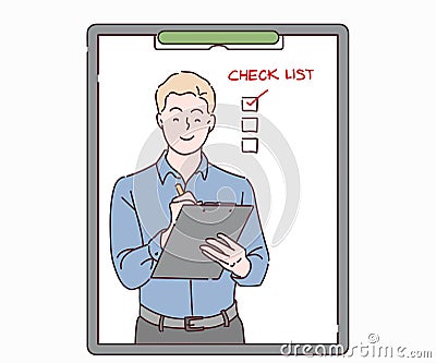 Businessman writing to do list of goals writing in diary. Businessman working on project strategy plan writing target tasks Vector Illustration