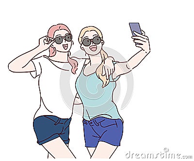 Young smiling hipster women in trendy summer t-shirt clothes, they hugging and taking selfie. Vector Illustration