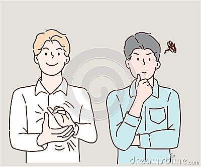 Man is clapping and applauding happy and joyful and a man is thinking about something. Vector Illustration