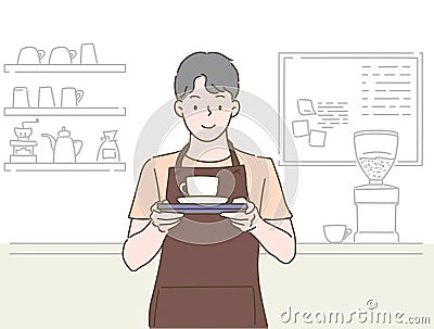 Coffee Business Concept. Boy is barista making coffee and serving of hot coffee in cafe. Vector Illustration