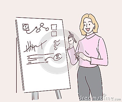 Young business woman speaker or coach make flip chart presentation for employees. Vector Illustration