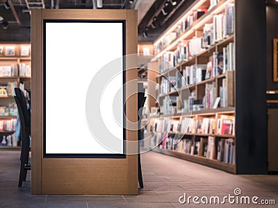 Mock up Banner blank sign Bookstore interior Background Stock Photo