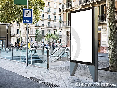 Mock up Banner signboard stand Metro entrance Media outdoor Information Sign with people walking on City street Editorial Stock Photo