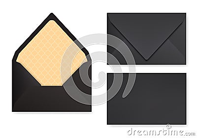 Mock-up of black designed envelope. Front view, closed and opened back side. Vector Illustration