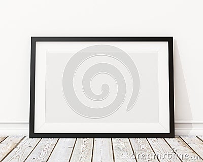 Mock up blank black horizontal picture frame on the wall and the floor Stock Photo