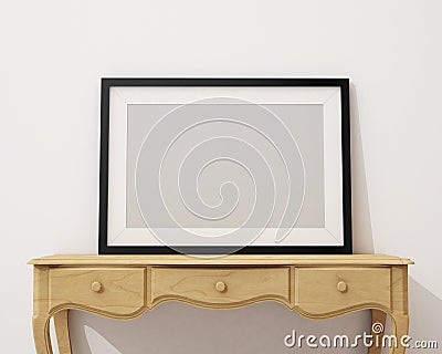 Mock up blank black picture frame on the white desk and wall, background Stock Photo