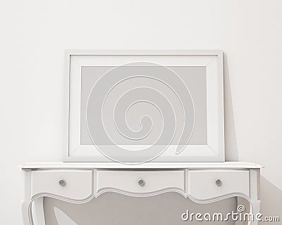 Mock up blank black picture frame on the white desk and wall, background Stock Photo