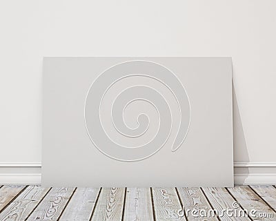 Mock up blank horizontal poster on the white wall and the wooden floor, background Stock Photo