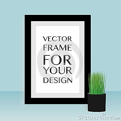 Mock up blank photo frame with houseplant on shelf. Vector Illustration