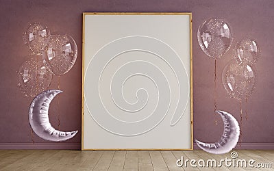 Mock up of blank photo frames on plastered walll, scandinavian minimalism childroom interior with balls in the form of the moon Stock Photo