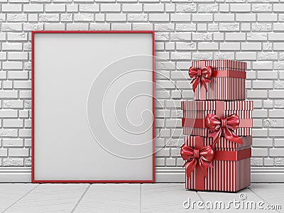 Mock up blank picture frame, Christmas decoration and striped Cartoon Illustration